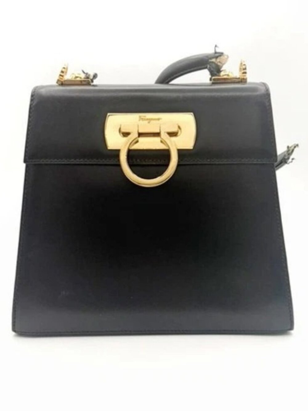 SALVATORE FERRAGAMO Logo Gancini Mini Hand Bag Leather Black GHW Italy 65KD699